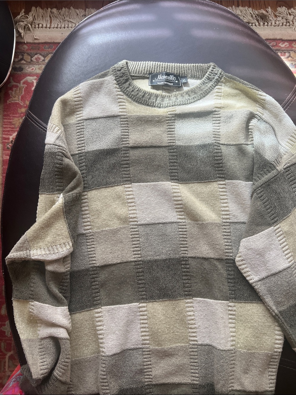Marcello Men's Crewneck Patchwork Sweater in Olive and Gray Made in Italy cotton